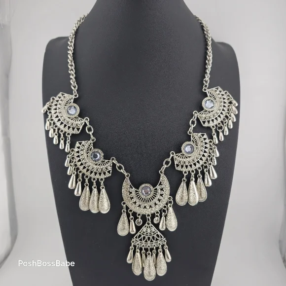Boho Statement Necklace with Silver-Tone Crescent Medallions – 20-23" Length - Picture 2 of 12